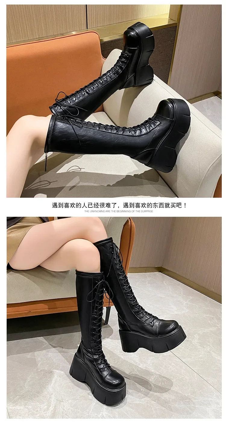 Platform Knee High Boots Women Autumn Winter Thick Platfrom Long Boots Woman Fashion Zipper Lace-Up Solid Thigh