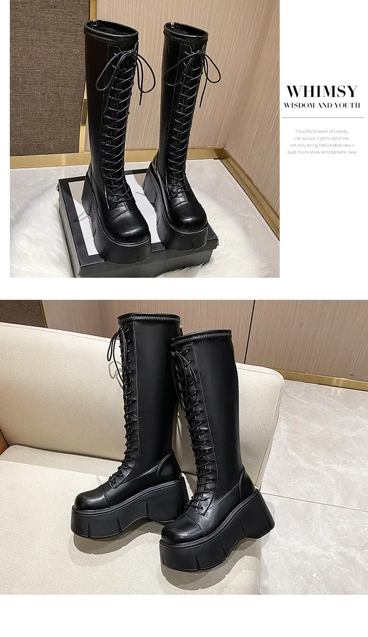 Platform Knee High Boots Women Autumn Winter Thick Platfrom Long Boots Woman Fashion Zipper Lace-Up Solid Thigh