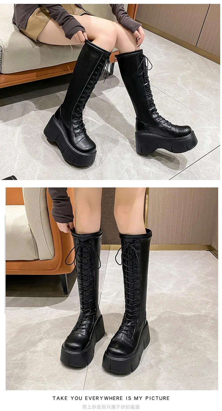 Platform Knee High Boots Women Autumn Winter Thick Platfrom Long Boots Woman Fashion Zipper Lace-Up Solid Thigh