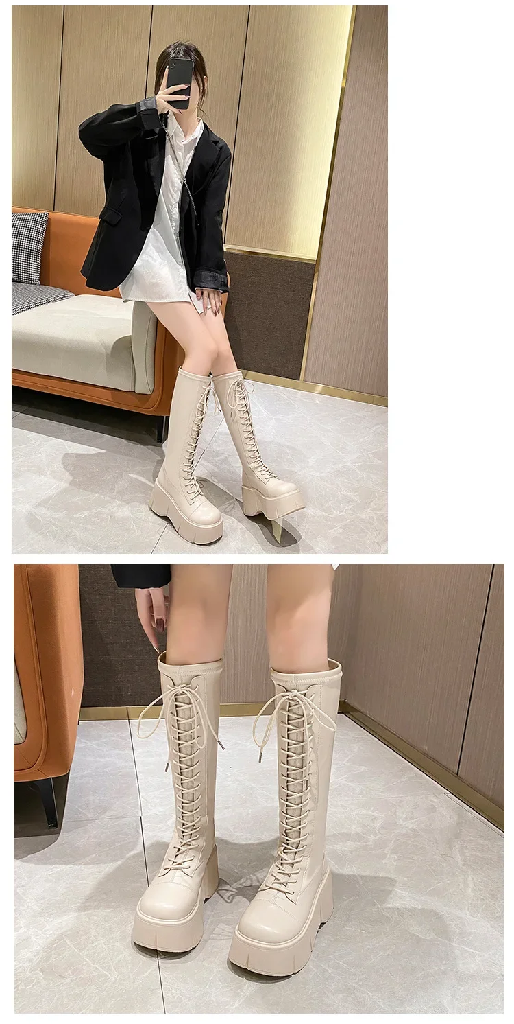 Platform Knee High Boots Women Autumn Winter Thick Platfrom Long Boots Woman Fashion Zipper Lace-Up Solid Thigh
