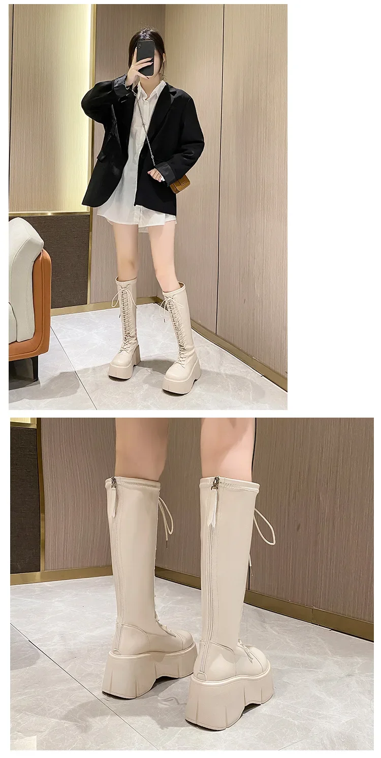 Platform Knee High Boots Women Autumn Winter Thick Platfrom Long Boots Woman Fashion Zipper Lace-Up Solid Thigh