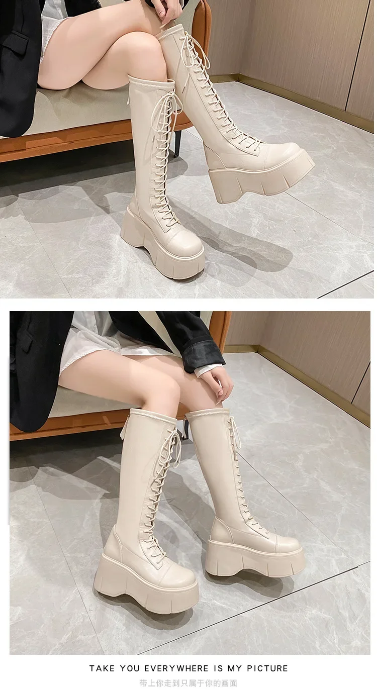 Platform Knee High Boots Women Autumn Winter Thick Platfrom Long Boots Woman Fashion Zipper Lace-Up Solid Thigh
