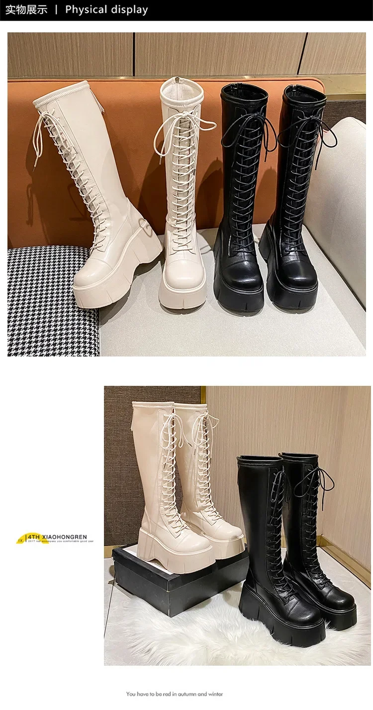 Platform Knee High Boots Women Autumn Winter Thick Platfrom Long Boots Woman Fashion Zipper Lace-Up Solid Thigh