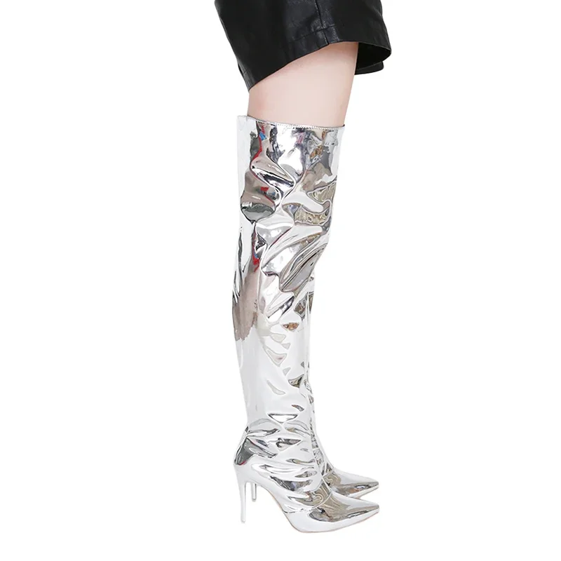 Women Sexy Silver Mirror Thigh High Boots T Show Pointy Toe Club Party Shoes Thin High Heels Over The Knee Long Boots For Women Sexy Silver Mirror Thigh High Boots T Show Pointy Toe Club Party Shoes Thin High Heels Over The Knee Long Boots For