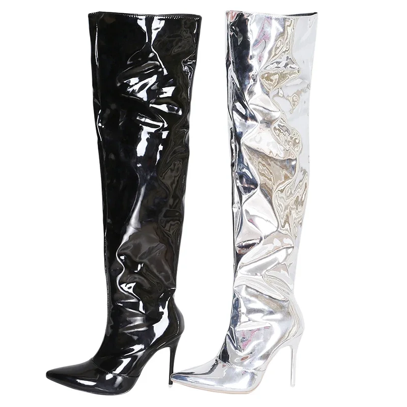 Women Sexy Silver Mirror Thigh High Boots T Show Pointy Toe Club Party Shoes Thin High Heels Over The Knee Long Boots For