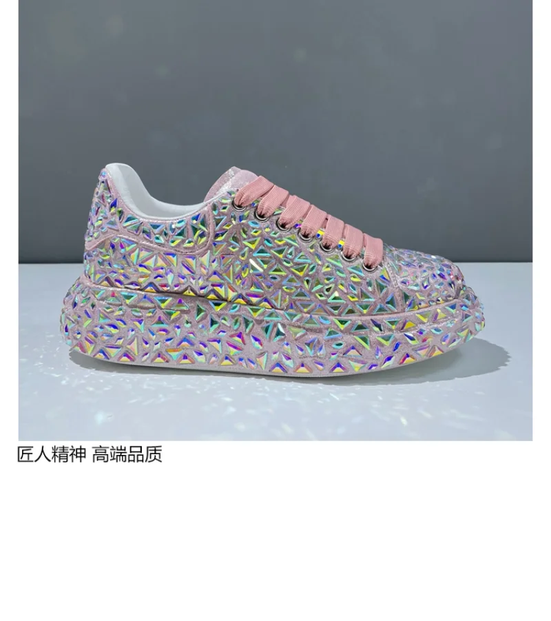Leather Women Shoes Autumn Spring  New Style Fashion Platform Shoes Ins Platforms Sneakers Tide Shine Bling Rhinestone Shoes