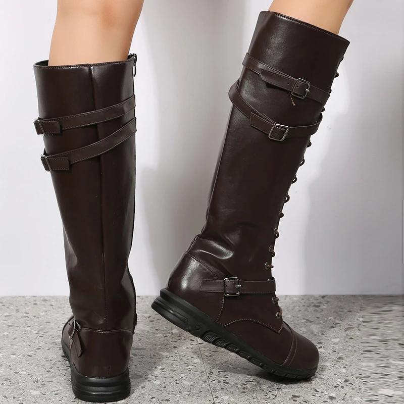 Winter Boots for Women 2023 Combat Cowboy Knee High Long Leather Platform Shoes Black Gothic New Rock Punk Solid Women's Boots