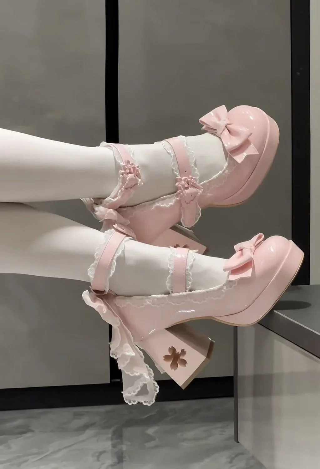 Lovely Girls Lolita Butterfly Knot High Heels Platform Shoes ,Young Women Students Cute sakura Wedding Dress Mary Janes