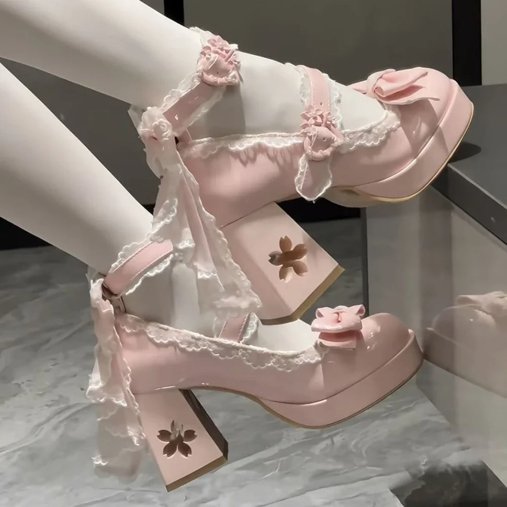 Lovely Girls Lolita Butterfly Knot High Heels Platform Shoes ,Young Women Students Cute sakura Wedding Dress Mary Janes