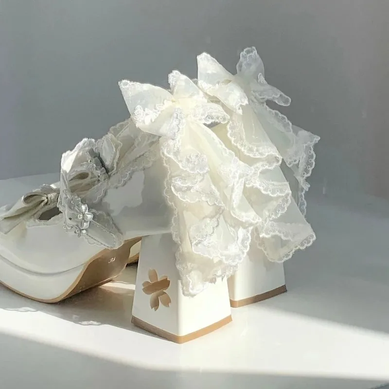 Lovely Girls Lolita Butterfly Knot High Heels Platform Shoes ,Young Women Students Cute sakura Wedding Dress Mary Janes
