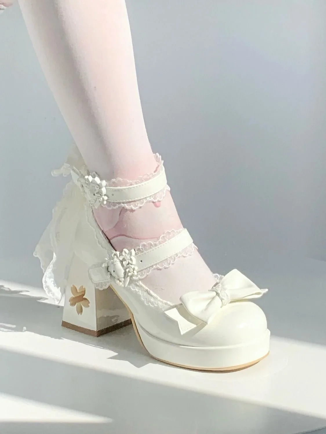 Lovely Girls Lolita Butterfly Knot High Heels Platform Shoes ,Young Women Students Cute sakura Wedding Dress Mary Janes