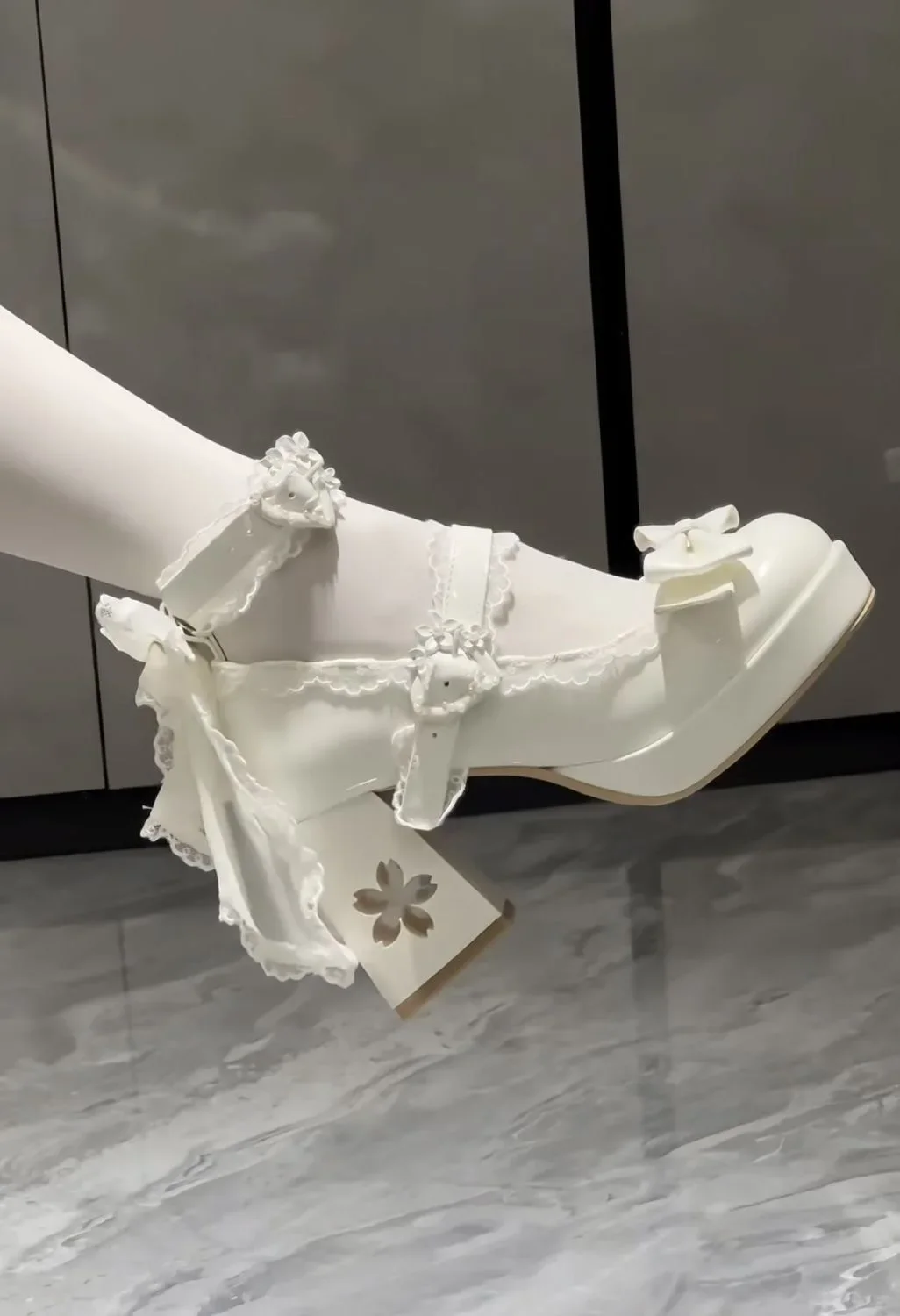 Lovely Girls Lolita Butterfly Knot High Heels Platform Shoes ,Young Women Students Cute sakura Wedding Dress Mary Janes