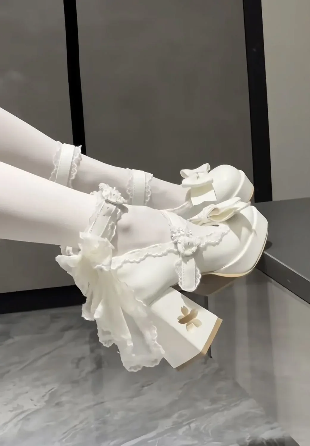 Lovely Girls Lolita Butterfly Knot High Heels Platform Shoes ,Young Women Students Cute sakura Wedding Dress Mary Janes