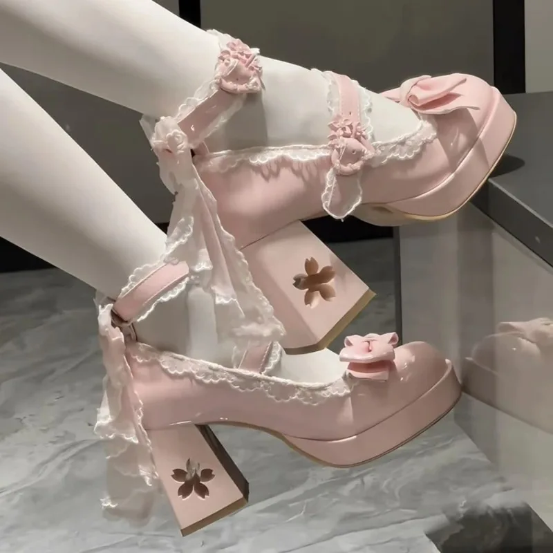 Lovely Girls Lolita Butterfly Knot High Heels Platform Shoes ,Young Women Students Cute sakura Wedding Dress Mary Janes