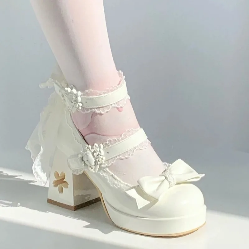 Lovely Girls Lolita Butterfly Knot High Heels Platform Shoes ,Young Women Students Cute sakura Wedding Dress Mary Janes