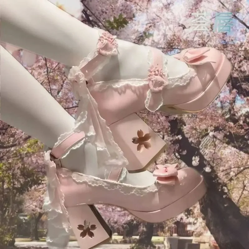 Lovely Girls Lolita Butterfly Knot High Heels Platform Shoes ,Young Women Students Cute sakura Wedding Dress Mary Janes