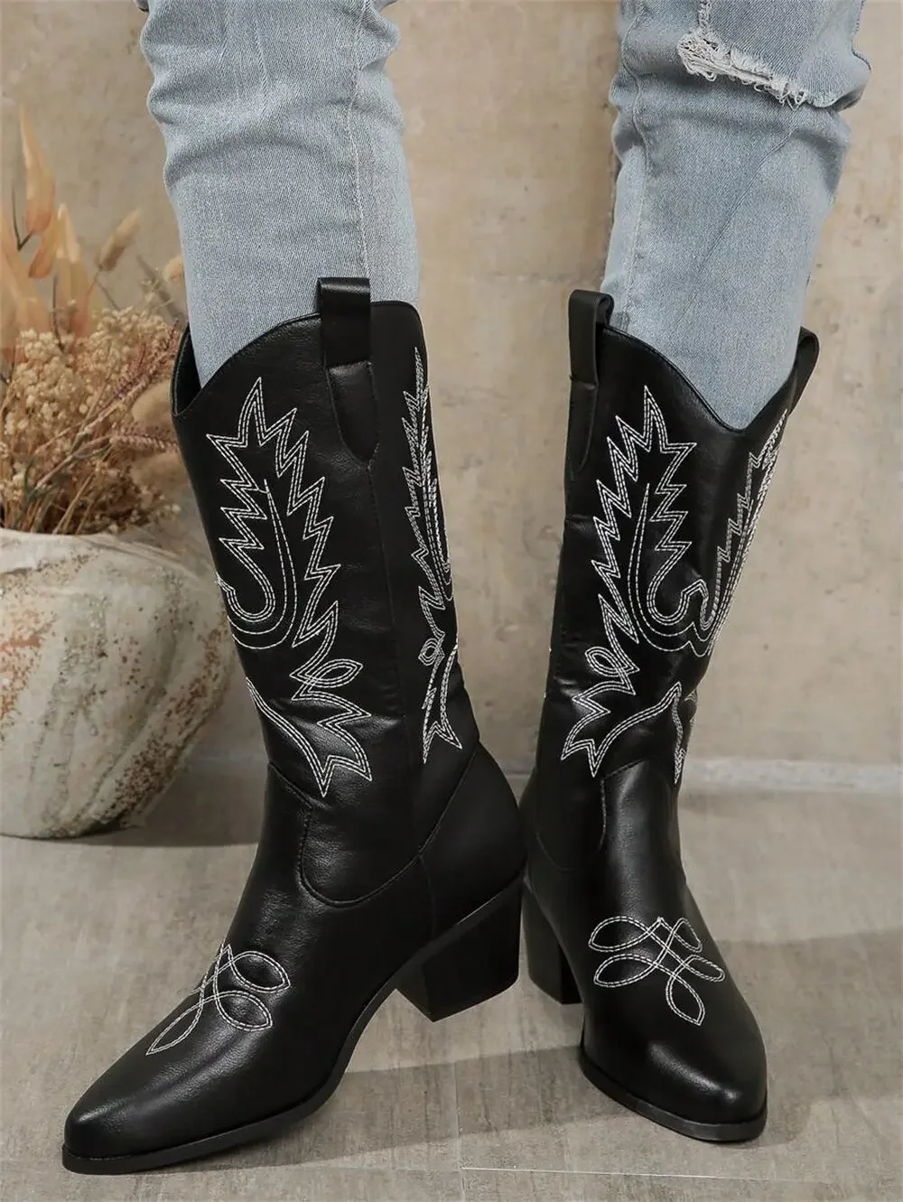Plus size 43 High Quality Block Heels Mid-calf White Cowboy Boots Women Vintage Country Concert Western Boots Shoes