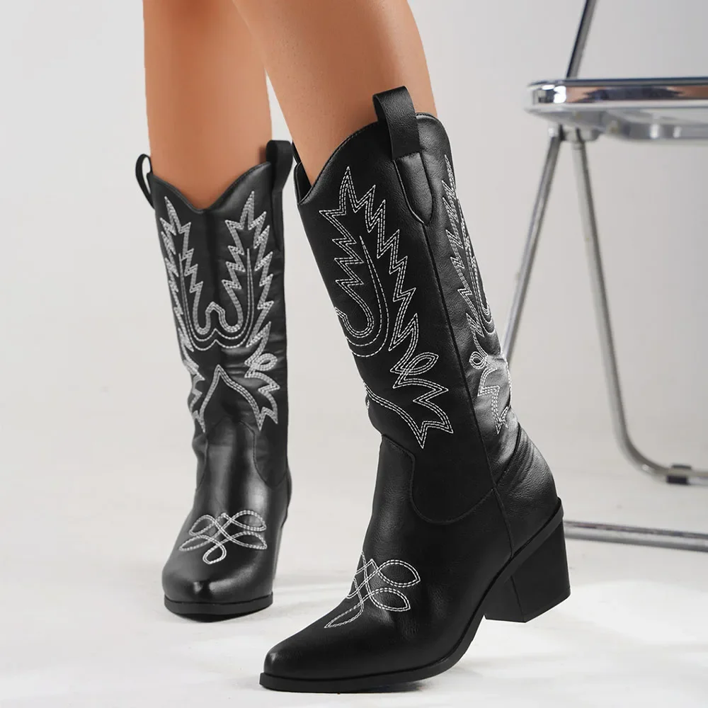 Plus size 43 High Quality Block Heels Mid-calf White Cowboy Boots Women Vintage Country Concert Western Boots Shoes