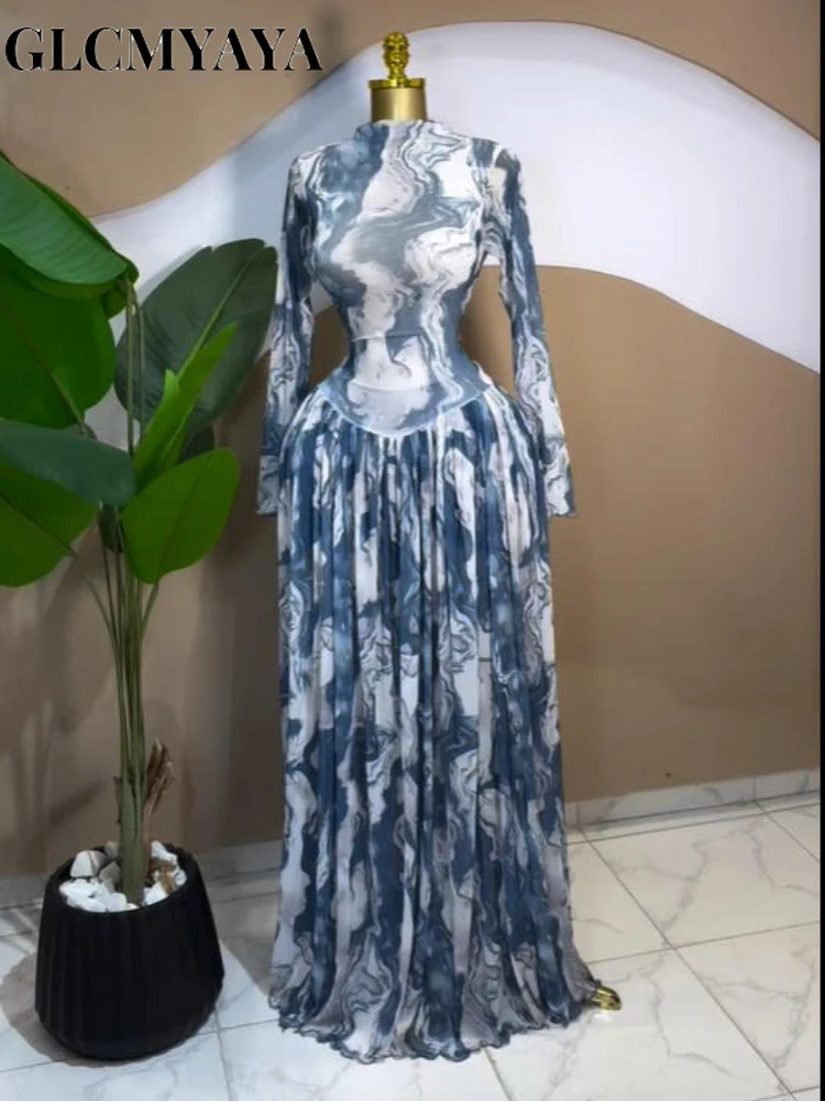 CM.YAYA Women Long Sleeve Tie Dye Print O-neck Big Swing Midi A-line Long Maxi Dress 2026 Elegant Evening Birthday Party Dresses