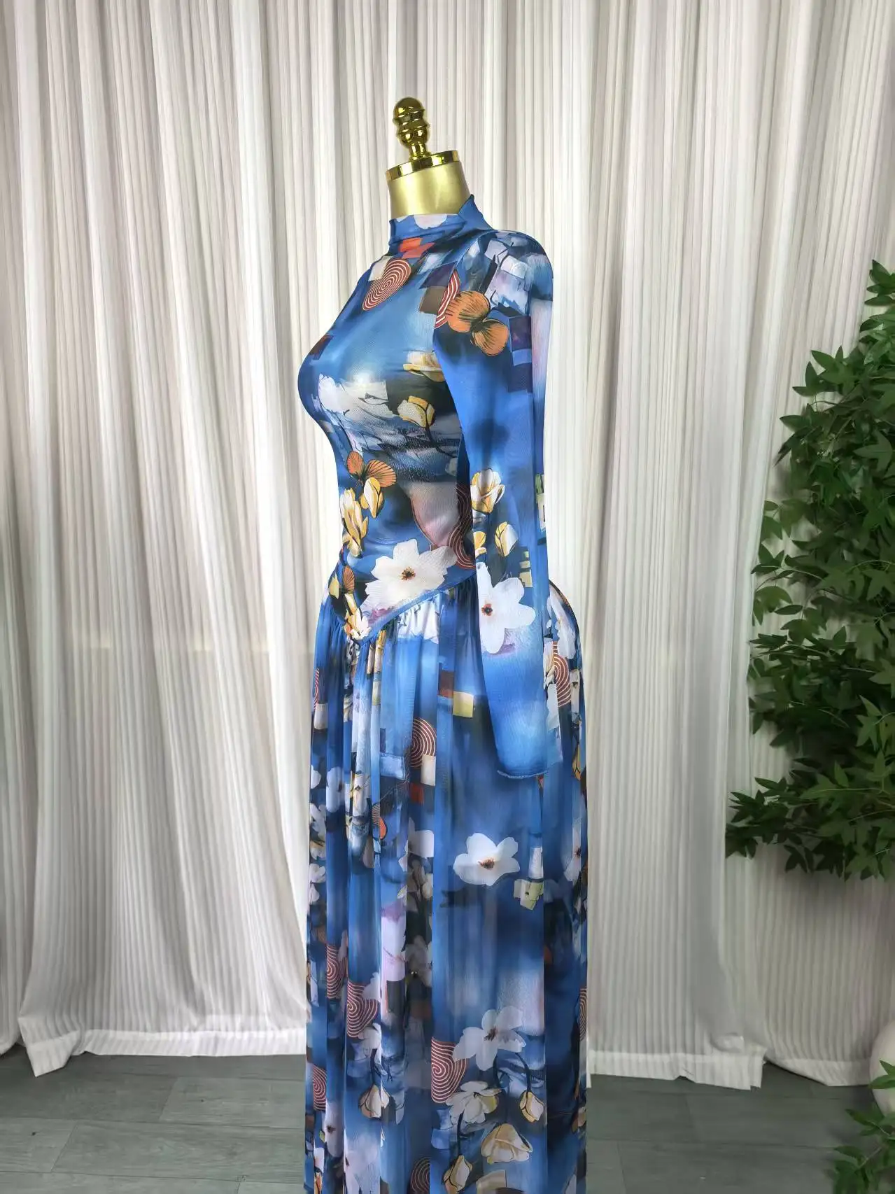 CM.YAYA Women Long Sleeve Tie Dye Print O-neck Big Swing Midi A-line Long Maxi Dress 2026 Elegant Evening Birthday Party Dresses