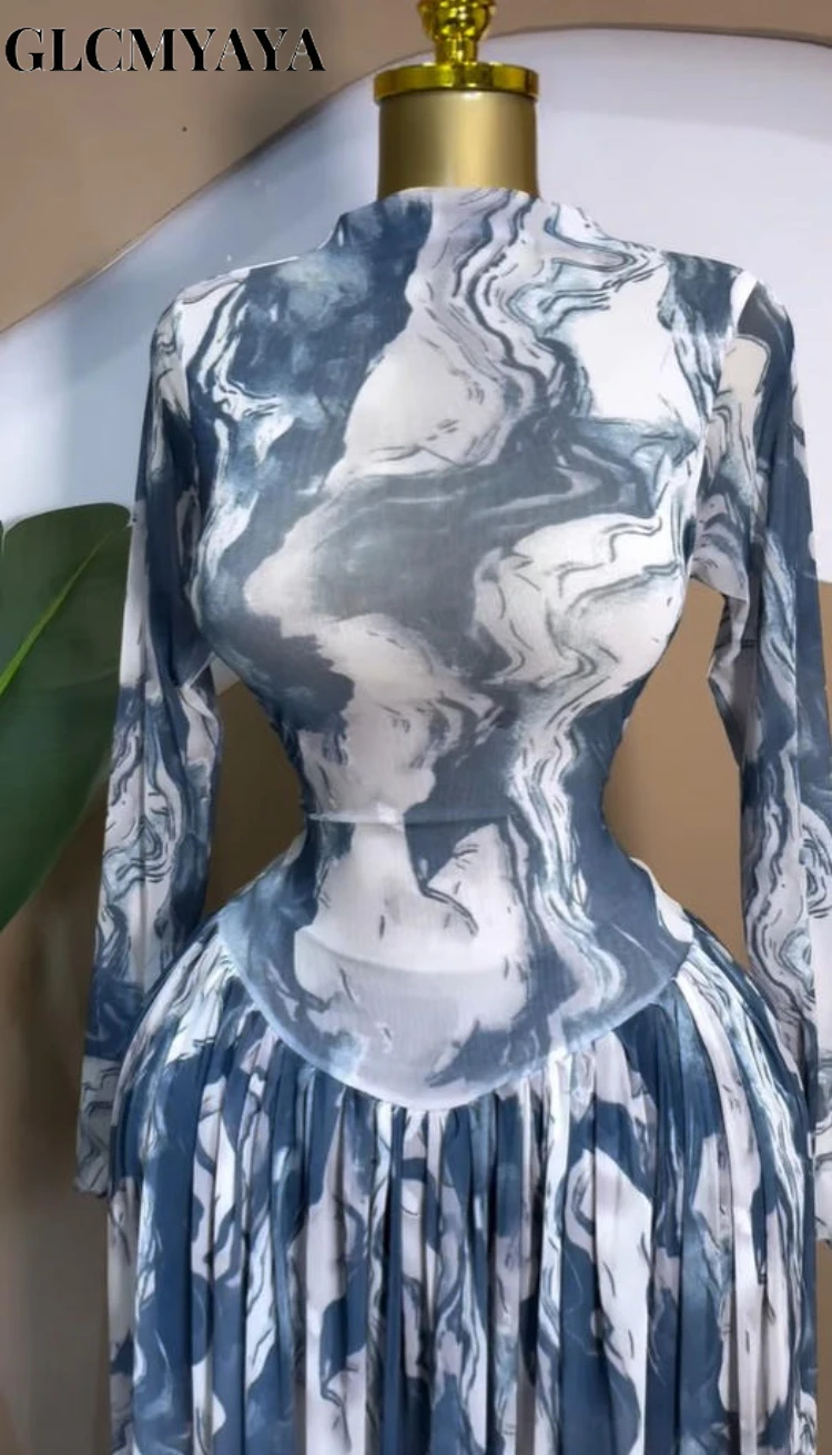 CM.YAYA Women Long Sleeve Tie Dye Print O-neck Big Swing Midi A-line Long Maxi Dress 2026 Elegant Evening Birthday Party Dresses