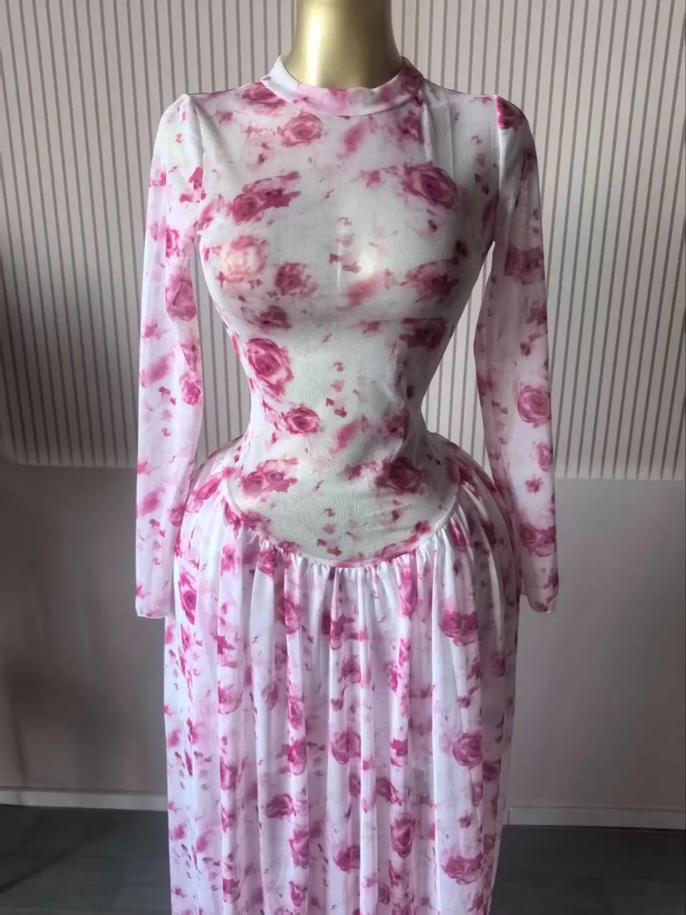 CM.YAYA Women Long Sleeve Tie Dye Print O-neck Big Swing Midi A-line Long Maxi Dress 2026 Elegant Evening Birthday Party Dresses