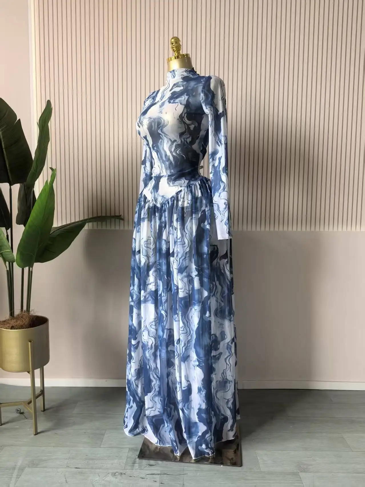 CM.YAYA Women Long Sleeve Tie Dye Print O-neck Big Swing Midi A-line Long Maxi Dress 2026 Elegant Evening Birthday Party Dresses