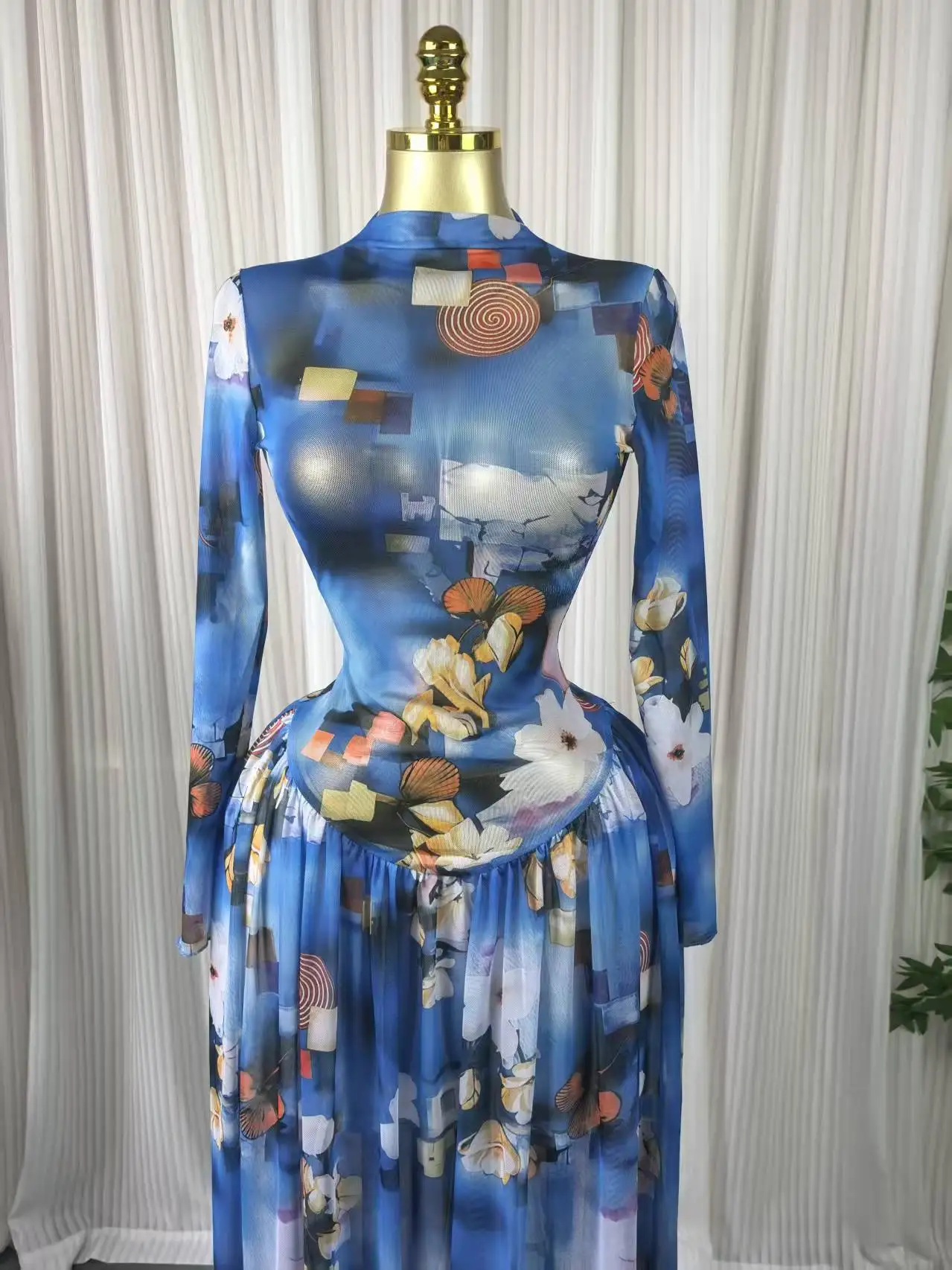 CM.YAYA Women Long Sleeve Tie Dye Print O-neck Big Swing Midi A-line Long Maxi Dress 2026 Elegant Evening Birthday Party Dresses