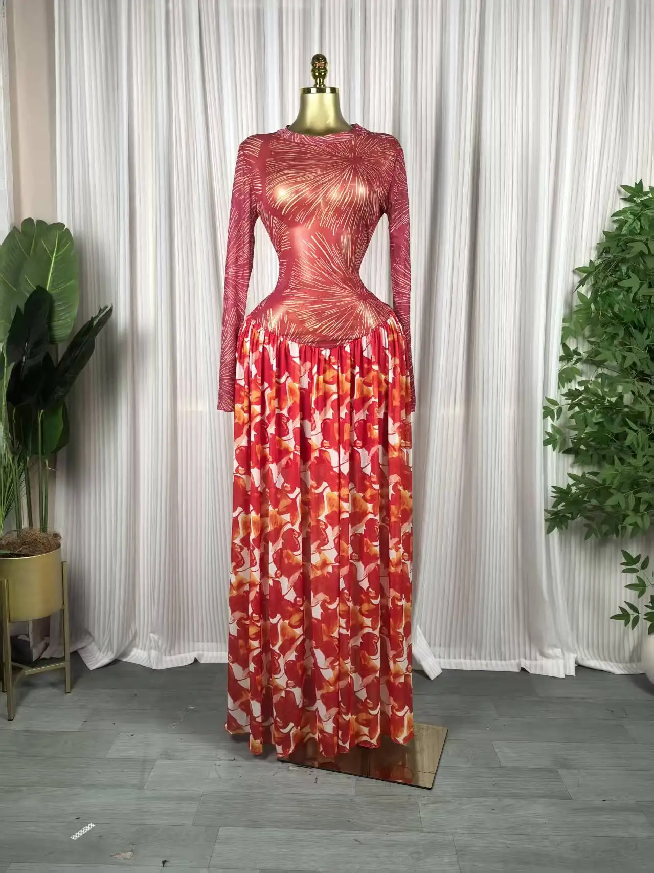 CM.YAYA Women Long Sleeve Tie Dye Print O-neck Big Swing Midi A-line Long Maxi Dress 2026 Elegant Evening Birthday Party Dresses