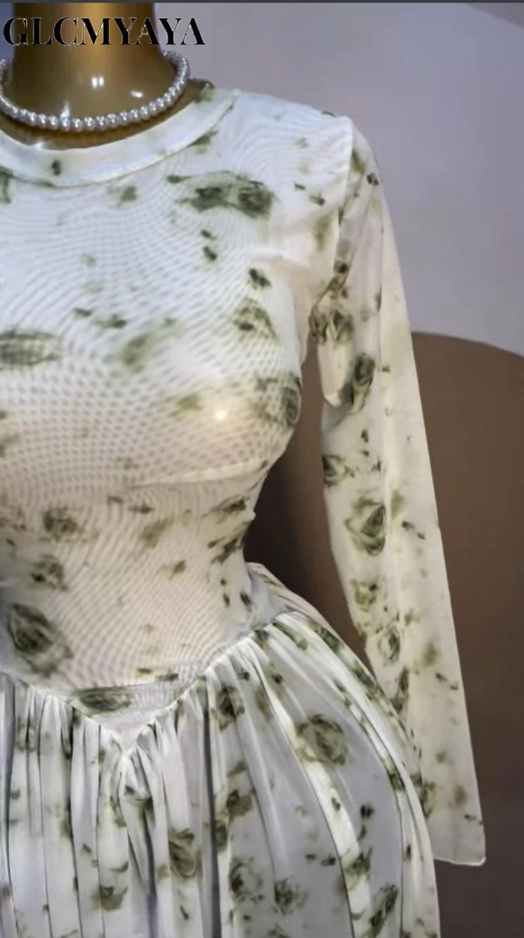 CM.YAYA Women Long Sleeve Tie Dye Print O-neck Big Swing Midi A-line Long Maxi Dress 2026 Elegant Evening Birthday Party Dresses