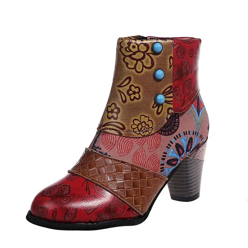 Vintage Splicing Printed Ankle Boots for Women Shoes Female PU Leather Retro Block High Heels Bohemian Ladies Winter Short Boots Vintage Splicing Printed Ankle Boots for Women Shoes Female PU Leather Retro Block High Heels Bohemian Ladies Winter Short Boots