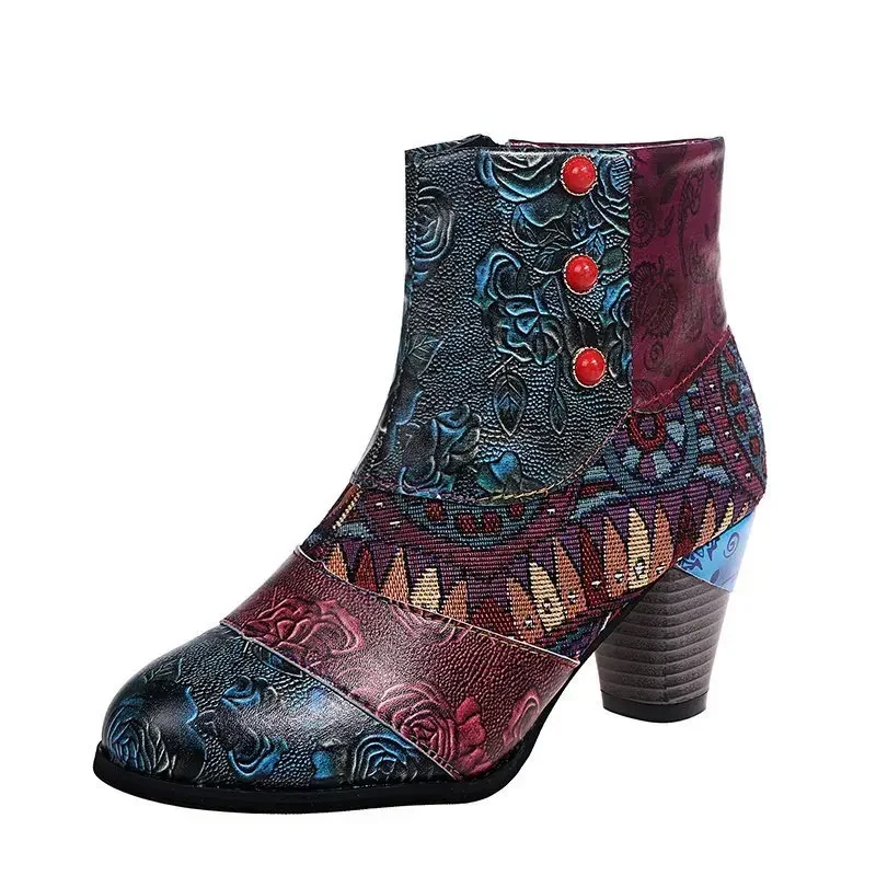 Vintage Splicing Printed Ankle Boots for Women Shoes Female PU Leather Retro Block High Heels Bohemian Ladies Winter Short Boots Vintage Splicing Printed Ankle Boots for Women Shoes Female PU Leather Retro Block High Heels Bohemian Ladies Winter Short Boots
