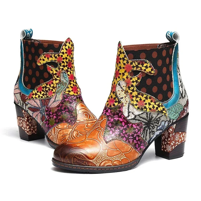 Vintage Splicing Printed Ankle Boots for Women Shoes Female PU Leather Retro Block High Heels Bohemian Ladies Winter Short Boots Vintage Splicing Printed Ankle Boots for Women Shoes Female PU Leather Retro Block High Heels Bohemian Ladies Winter Short Boots