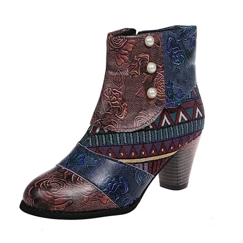 Vintage Splicing Printed Ankle Boots for Women Shoes Female PU Leather Retro Block High Heels Bohemian Ladies Winter Short Boots Vintage Splicing Printed Ankle Boots for Women Shoes Female PU Leather Retro Block High Heels Bohemian Ladies Winter Short Boots