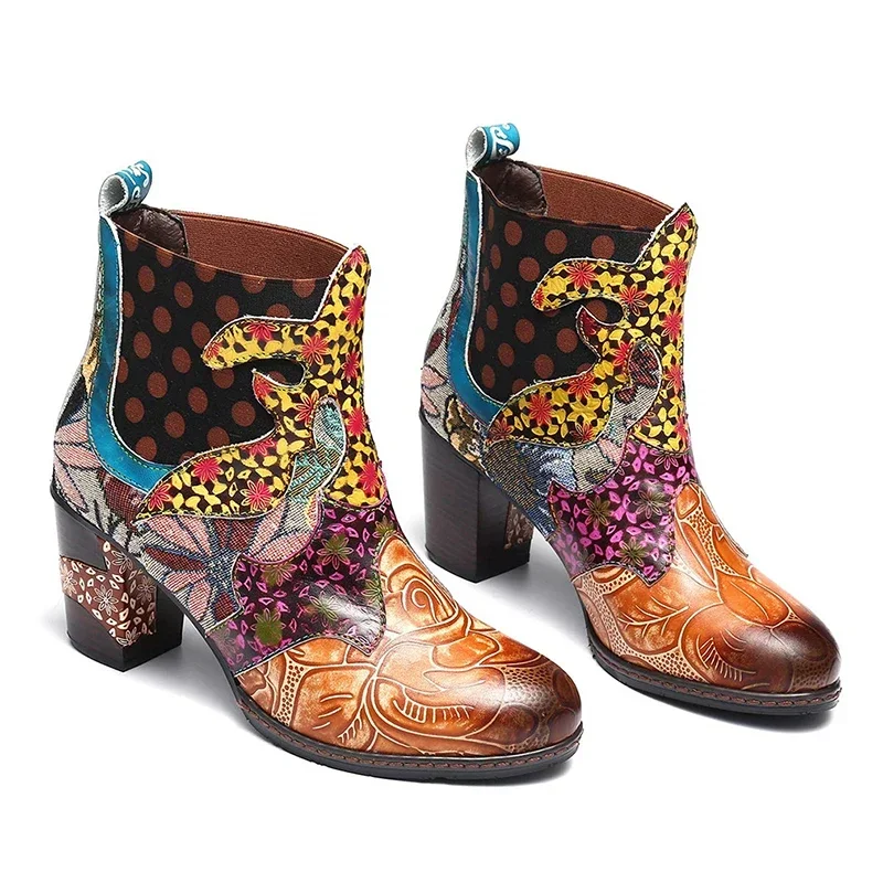 Vintage Splicing Printed Ankle Boots for Women Shoes Female PU Leather Retro Block High Heels Bohemian Ladies Winter Short Boots Vintage Splicing Printed Ankle Boots for Women Shoes Female PU Leather Retro Block High Heels Bohemian Ladies Winter Short Boots
