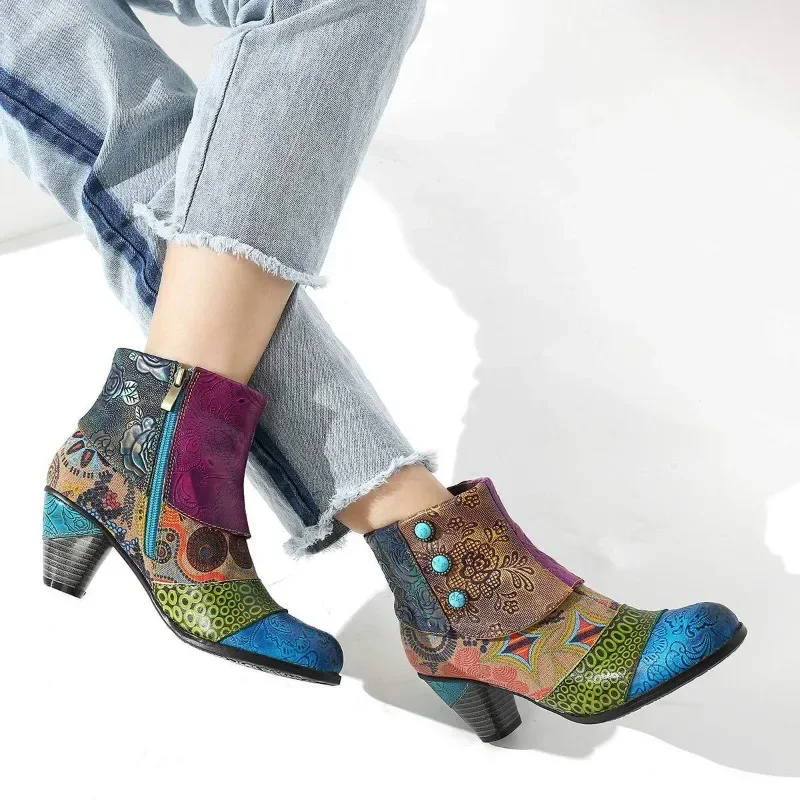 Vintage Splicing Printed Ankle Boots for Women Shoes Female PU Leather Retro Block High Heels Bohemian Ladies Winter Short Boots Vintage Splicing Printed Ankle Boots for Women Shoes Female PU Leather Retro Block High Heels Bohemian Ladies Winter Short Boots
