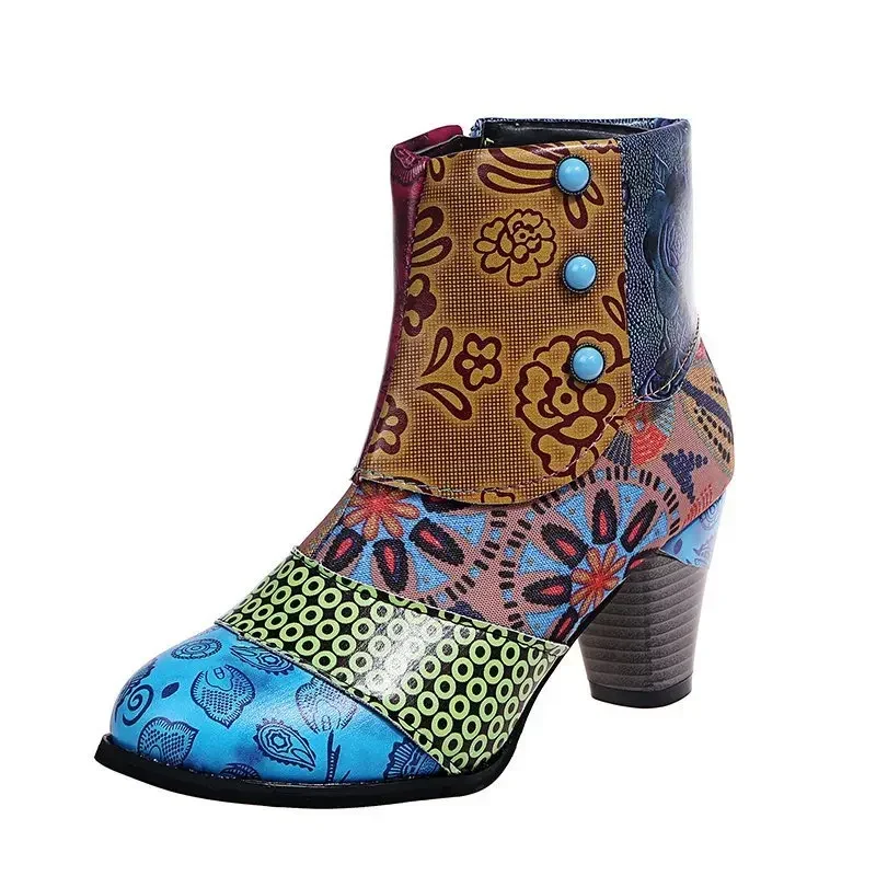 Vintage Splicing Printed Ankle Boots for Women Shoes Female PU Leather Retro Block High Heels Bohemian Ladies Winter Short Boots Vintage Splicing Printed Ankle Boots for Women Shoes Female PU Leather Retro Block High Heels Bohemian Ladies Winter Short Boots