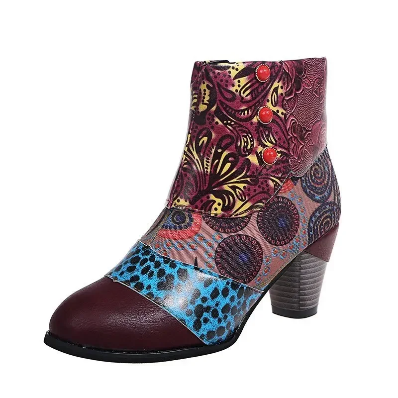 Vintage Splicing Printed Ankle Boots for Women Shoes Female PU Leather Retro Block High Heels Bohemian Ladies Winter Short Boots Vintage Splicing Printed Ankle Boots for Women Shoes Female PU Leather Retro Block High Heels Bohemian Ladies Winter Short Boots