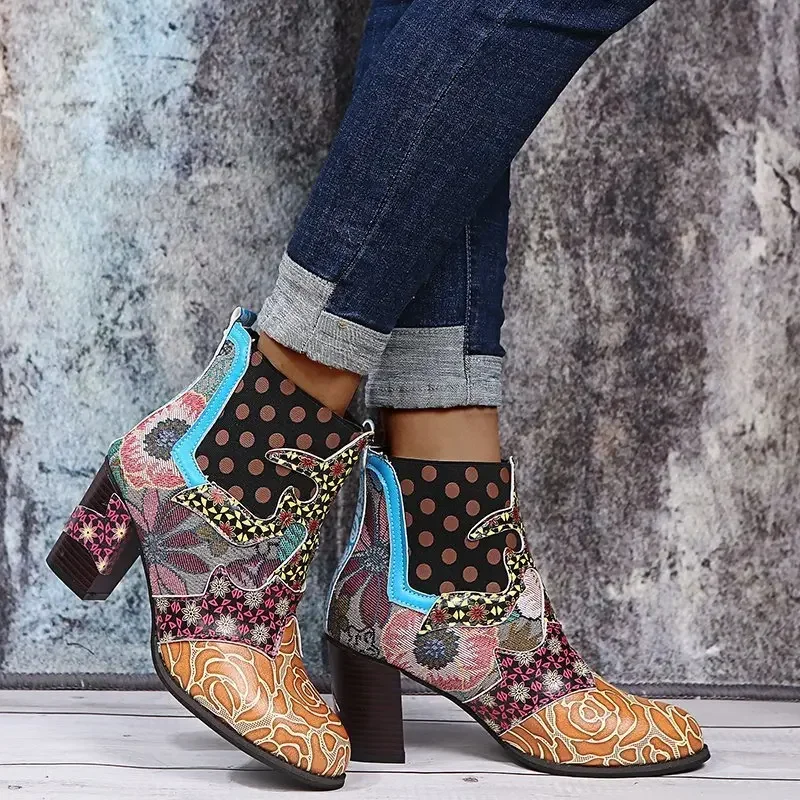 Vintage Splicing Printed Ankle Boots for Women Shoes Female PU Leather Retro Block High Heels Bohemian Ladies Winter Short Boots Vintage Splicing Printed Ankle Boots for Women Shoes Female PU Leather Retro Block High Heels Bohemian Ladies Winter Short Boots