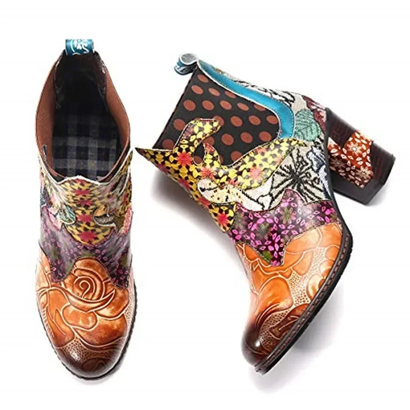 Vintage Splicing Printed Ankle Boots for Women Shoes Female PU Leather Retro Block High Heels Bohemian Ladies Winter Short Boots Vintage Splicing Printed Ankle Boots for Women Shoes Female PU Leather Retro Block High Heels Bohemian Ladies Winter Short Boots