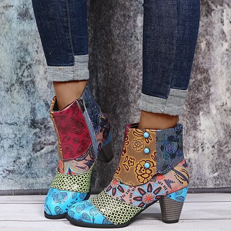 Vintage Splicing Printed Ankle Boots for Women Shoes Female PU Leather Retro Block High Heels Bohemian Ladies Winter Short Boots Vintage Splicing Printed Ankle Boots for Women Shoes Female PU Leather Retro Block High Heels Bohemian Ladies Winter Short Boots
