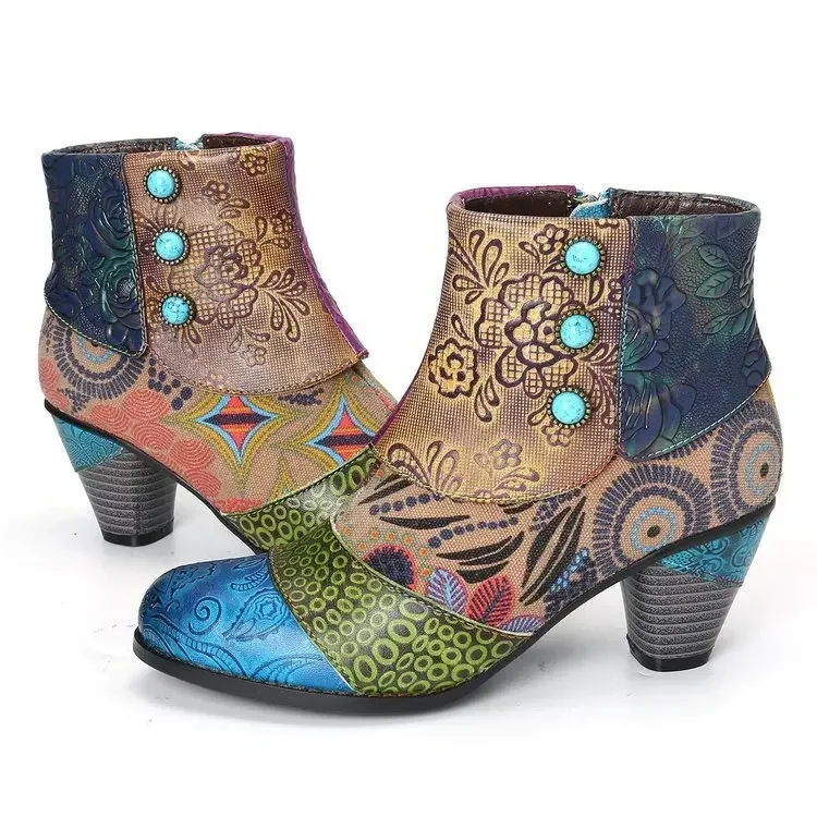 Vintage Splicing Printed Ankle Boots for Women Shoes Female PU Leather Retro Block High Heels Bohemian Ladies Winter Short Boots Vintage Splicing Printed Ankle Boots for Women Shoes Female PU Leather Retro Block High Heels Bohemian Ladies Winter Short Boots