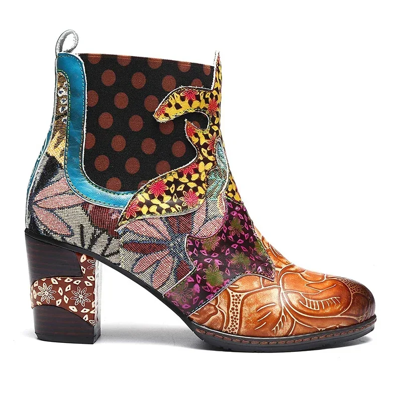 Vintage Splicing Printed Ankle Boots for Women Shoes Female PU Leather Retro Block High Heels Bohemian Ladies Winter Short Boots Vintage Splicing Printed Ankle Boots for Women Shoes Female PU Leather Retro Block High Heels Bohemian Ladies Winter Short Boots