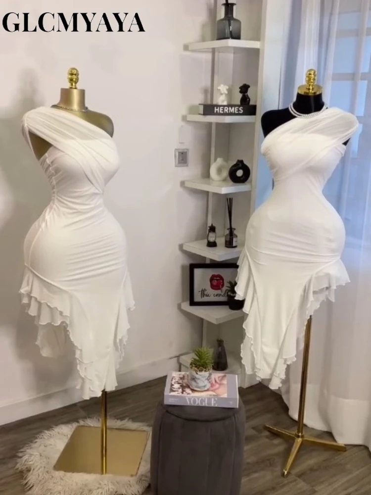 CM.YAYA Women One Shoulder Stacked Ruched Ruffles Asymmetrical Bodycon Midi Dress 2026 Parties Vacation Street Dresses Vestidos CM.YAYA Women One Shoulder Stacked Ruched Ruffles Asymmetrical Bodycon Midi Dress 2026 Parties Vacation Street Dresses Vestidos