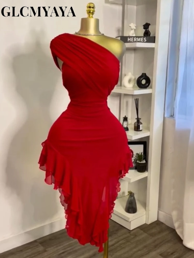 CM.YAYA Women One Shoulder Stacked Ruched Ruffles Asymmetrical Bodycon Midi Dress 2026 Parties Vacation Street Dresses Vestidos CM.YAYA Women One Shoulder Stacked Ruched Ruffles Asymmetrical Bodycon Midi Dress 2026 Parties Vacation Street Dresses Vestidos