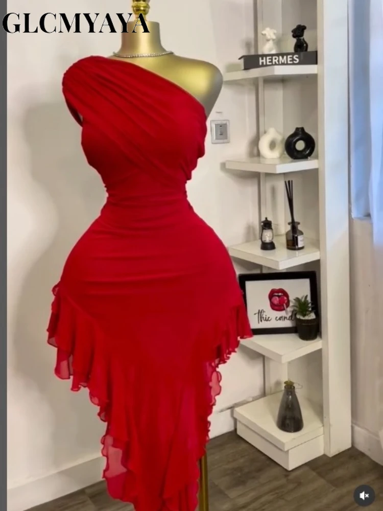 CM.YAYA Women One Shoulder Stacked Ruched Ruffles Asymmetrical Bodycon Midi Dress 2026 Parties Vacation Street Dresses Vestidos CM.YAYA Women One Shoulder Stacked Ruched Ruffles Asymmetrical Bodycon Midi Dress 2026 Parties Vacation Street Dresses Vestidos