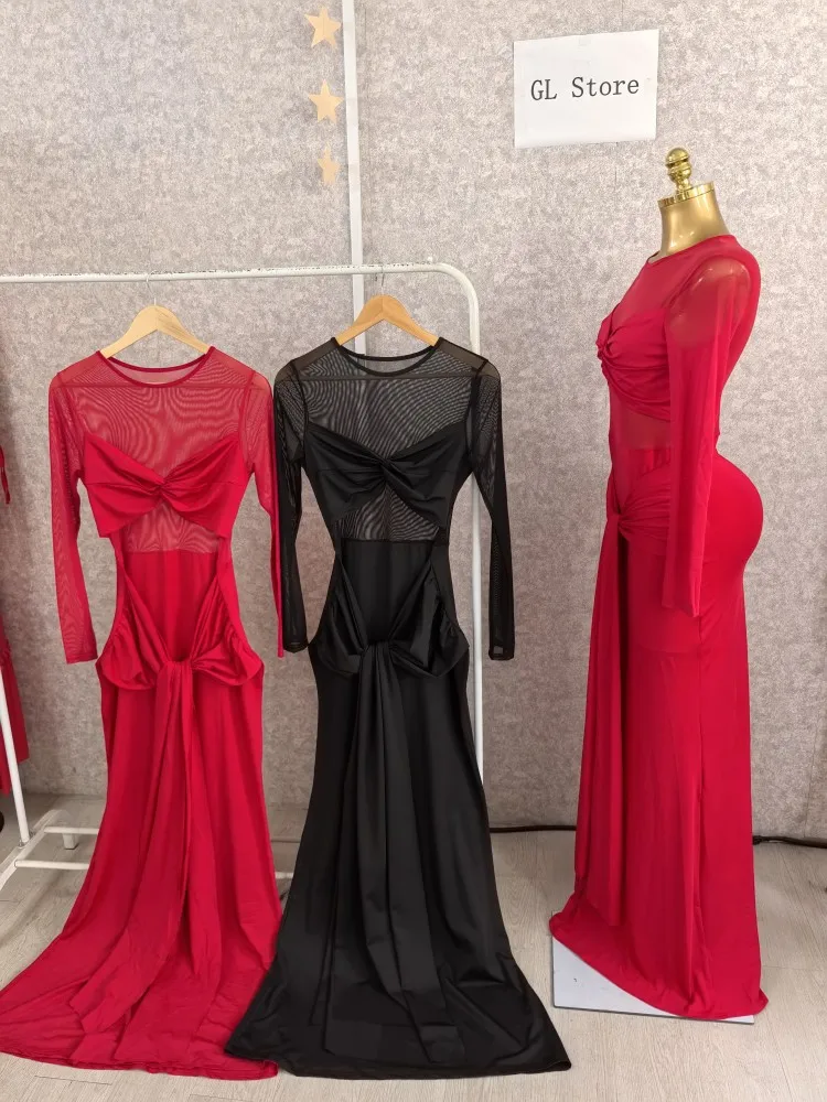 CM.YAYA Women Mesh See Though Long Sleeve Maxi Bowknot Long Dress 2025 Evening Sexy Club Party Evening High Street Dresses