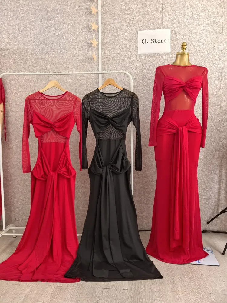 CM.YAYA Women Mesh See Though Long Sleeve Maxi Bowknot Long Dress 2025 Evening Sexy Club Party Evening High Street Dresses