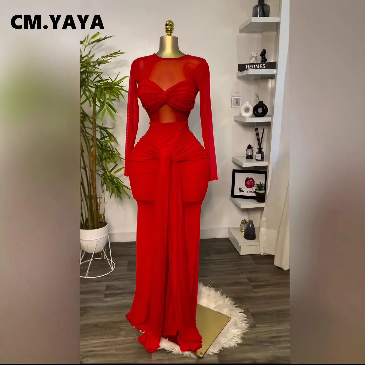 CM.YAYA Women Mesh See Though Long Sleeve Maxi Bowknot Long Dress 2025 Evening Sexy Club Party Evening High Street Dresses CM.YAYA Women Mesh See Though Long Sleeve Maxi Bowknot Long Dress 2025 Evening Sexy Club Party Evening High Street Dresses