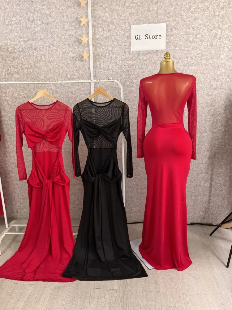 CM.YAYA Women Mesh See Though Long Sleeve Maxi Bowknot Long Dress 2025 Evening Sexy Club Party Evening High Street Dresses